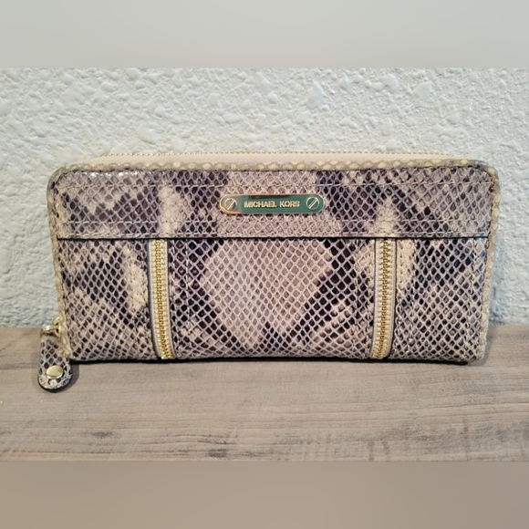 Michael Kors Handbags - MK MOXLEY PYTHON LEATHER GOLD ZIP WALLET